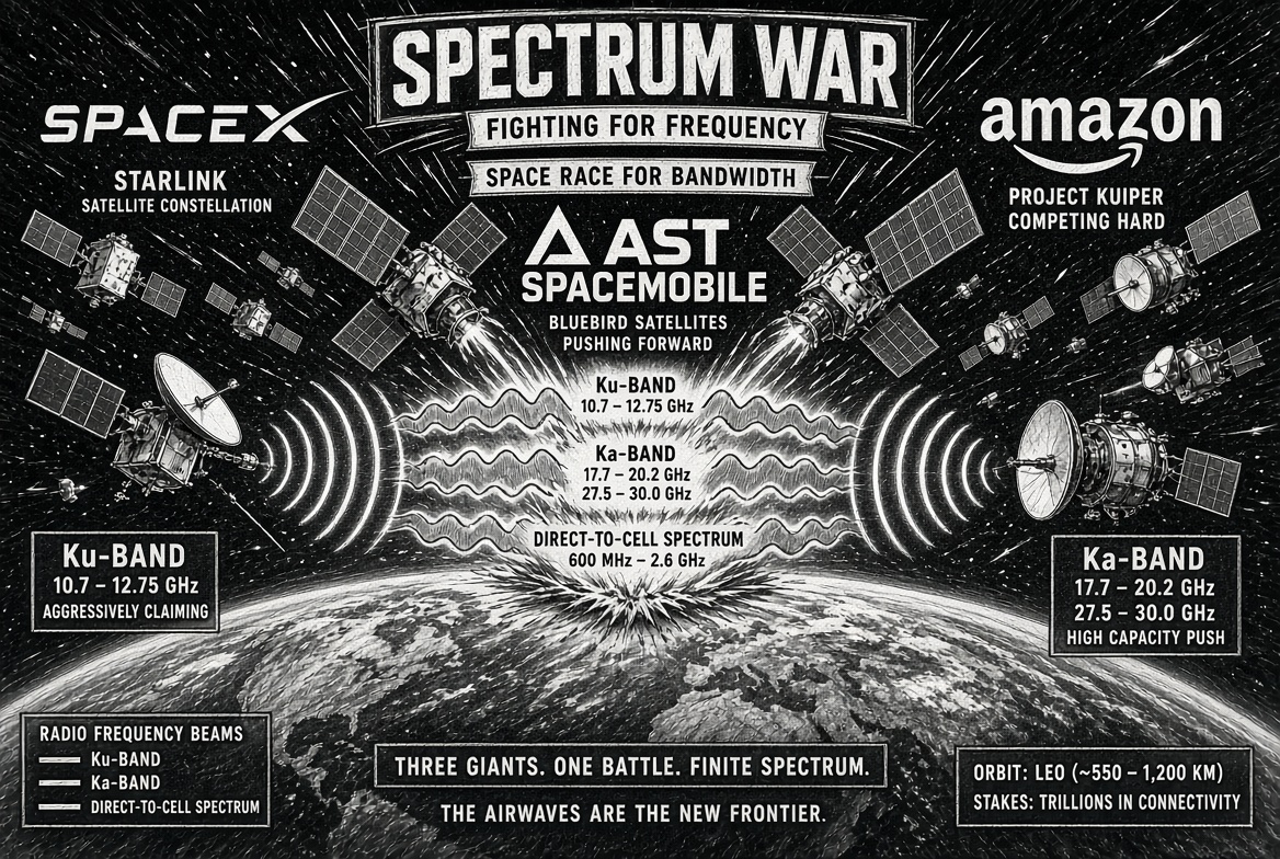 Black-and-white engraved illustration titled "Spectrum War": SpaceX Starlink satellites on the left and Amazon Project Kuiper on the right beaming Ku-band, Ka-band and direct-to-cell radio waves toward each other above the Earth, with AST SpaceMobile's Bluebird satellites between them and the frequency ranges labelled.