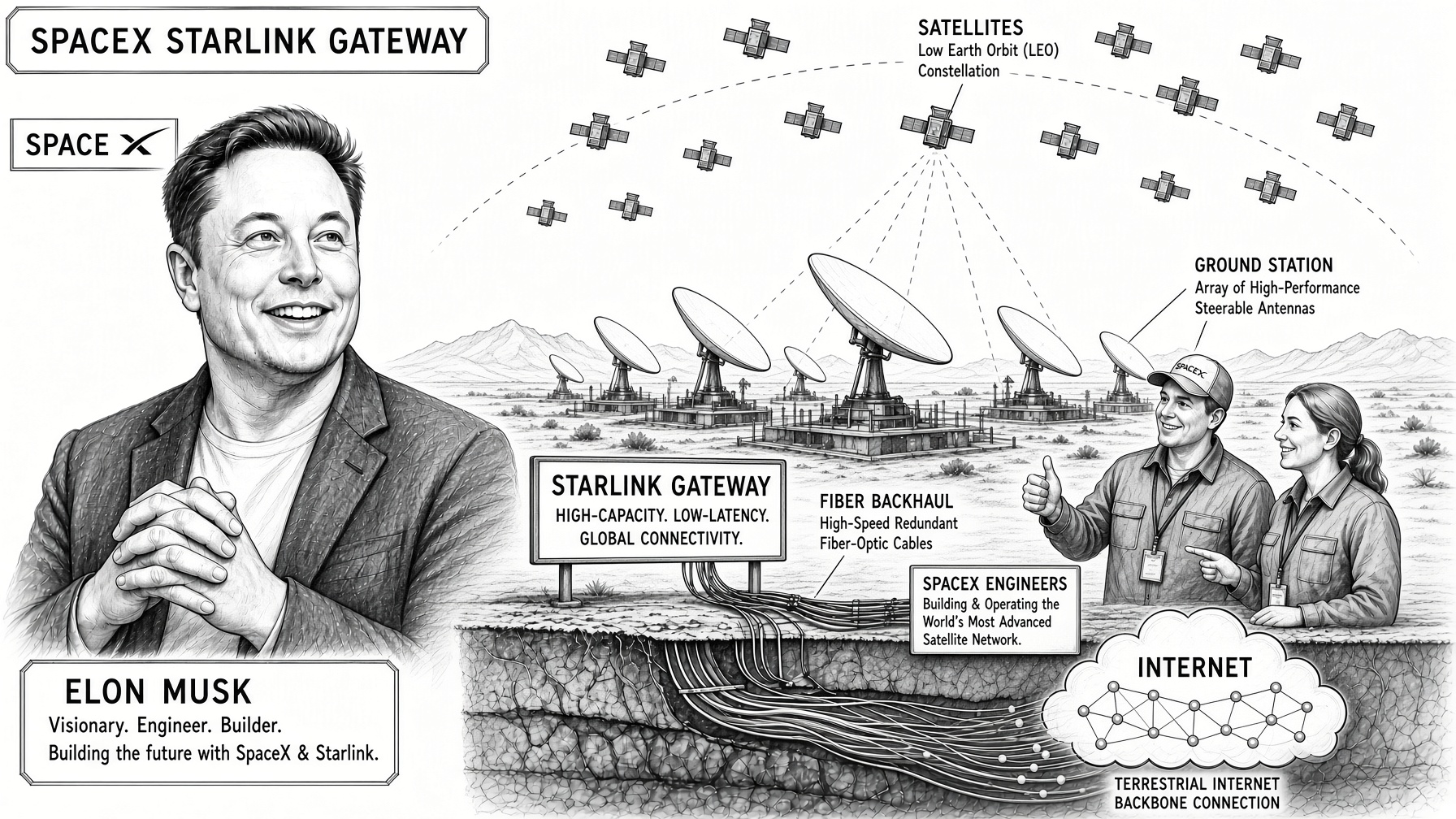 Pencil illustration of a Starlink gateway: a desert site with an array of steerable parabolic antennas under a low-Earth-orbit constellation, fibre backhaul running underground to a terrestrial internet cloud, two SpaceX engineers at right, and Elon Musk in the foreground at left.