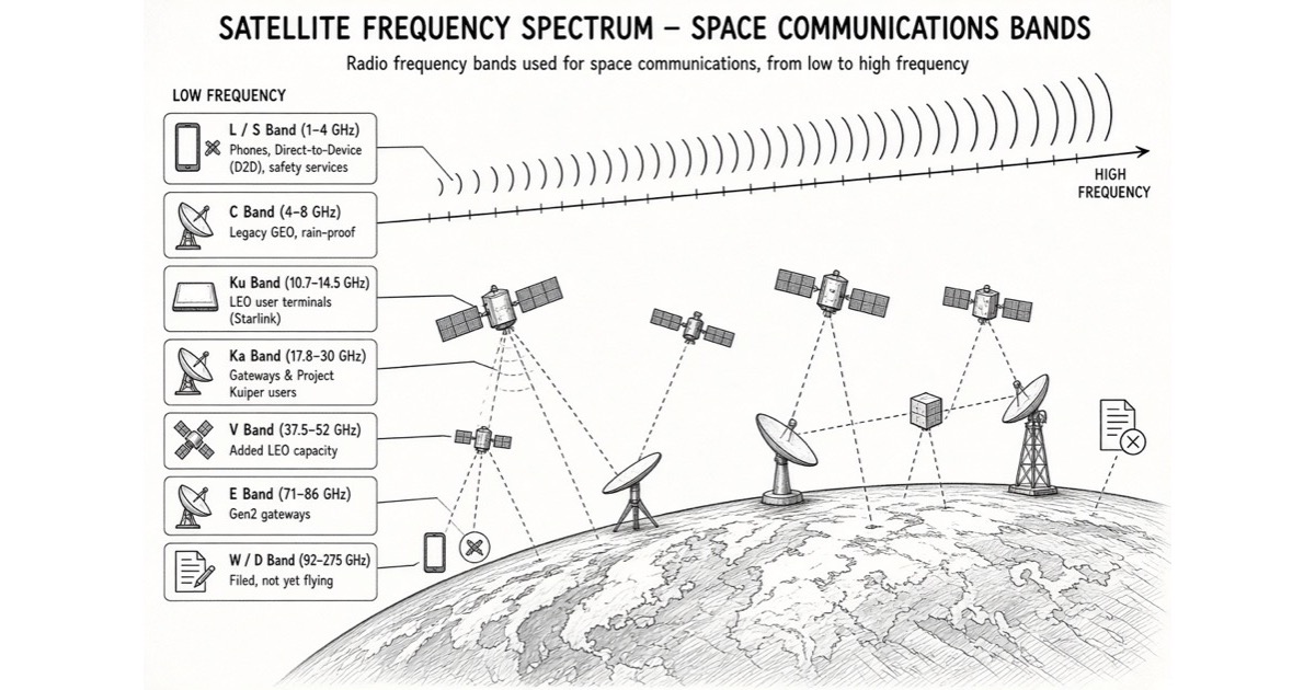 Pen-and-ink diagram titled “Satellite Frequency Spectrum — Space Communications Bands”: seven labelled band cards down the left, from L/S (1–4 GHz, phones and direct-to-device) through C, Ku, Ka, V and E up to W/D (92–275 GHz, filed but not yet flying), each linked to a rising wave that runs from low to high frequency across the top, over a curved Earth carrying satellites, gateway dishes, a handset and a tower.