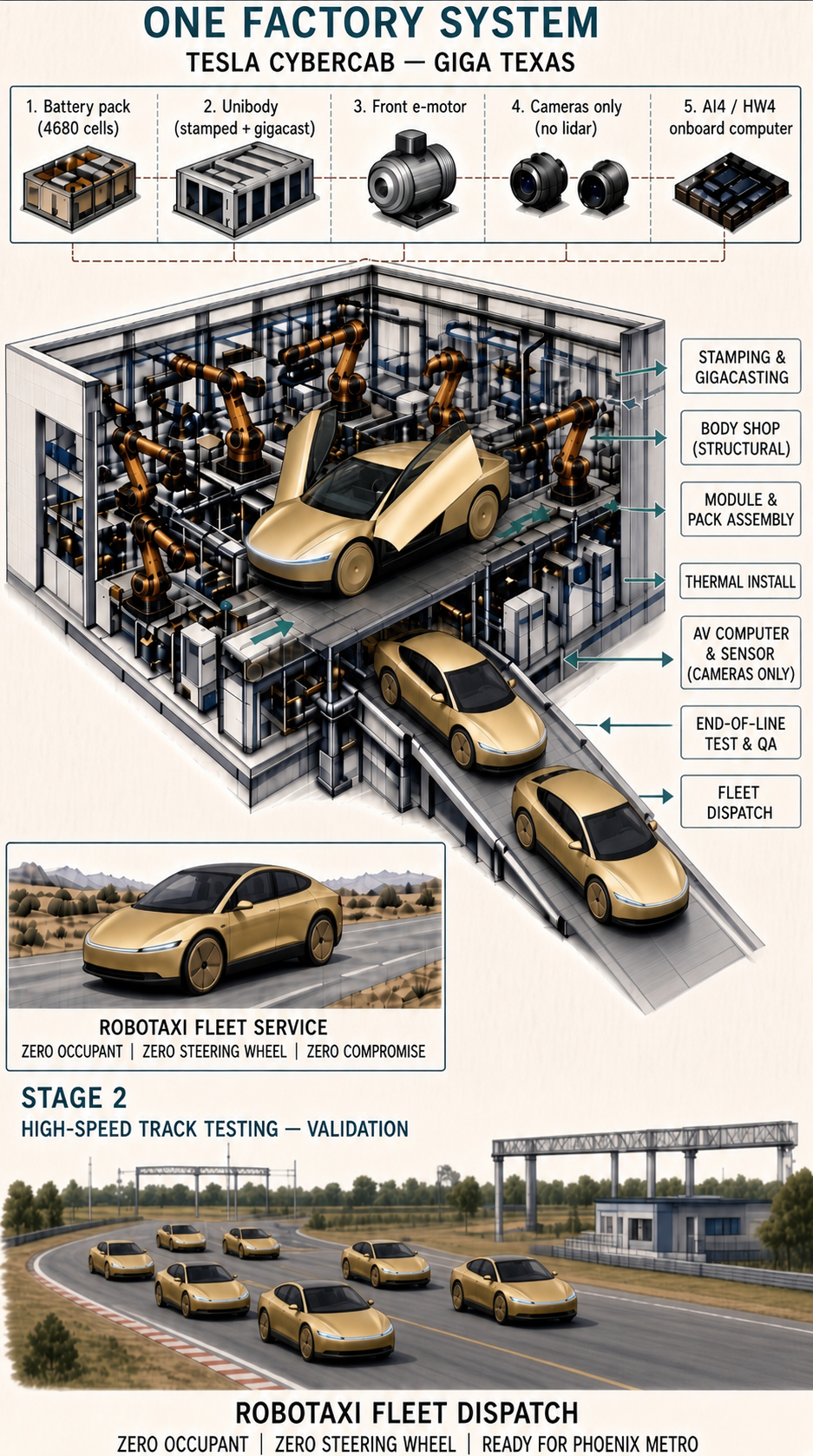 Illustrated Tesla Cybercab production flow: battery pack, unibody, front motor, cameras and onboard computer feed one automated vehicle line before end-of-line testing and fleet dispatch.