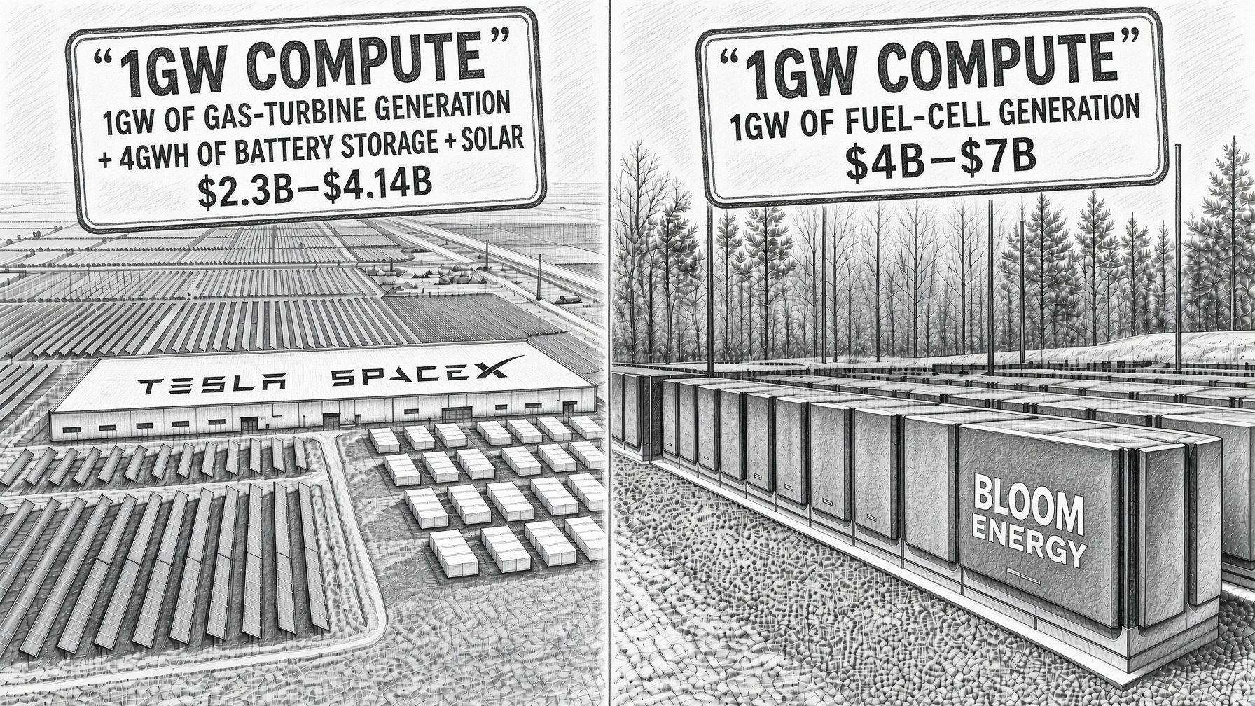 A split 1GW-compute comparison: Tesla and SpaceX use 1GW of gas-turbine generation plus 4GWh of battery storage at an estimated $2.3–4.14 billion, while Bloom Energy uses 1GW of fuel-cell generation at an estimated $4–7 billion.