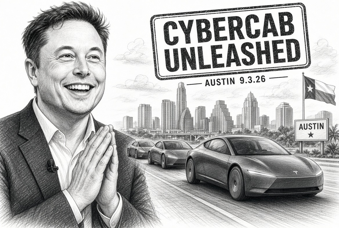 Pencil illustration: Elon Musk at left, hands clasped and smiling; behind him the Austin skyline, a Texas flag and an "AUSTIN" road sign, a line of three Cybercabs on a highway, and a large stamp reading "CYBERCAB UNLEASHED — AUSTIN 9.3.26".