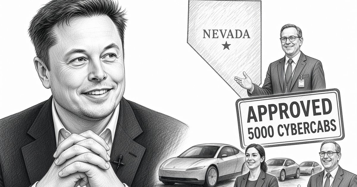 Pencil illustration: Elon Musk at left, hands clasped and smiling; behind him an outline of the state of Nevada, a large road sign reading “APPROVED — 5000 CYBERCABS”, a line of three sedans, and three regulators standing with badges and lanyards, one giving a thumbs up.