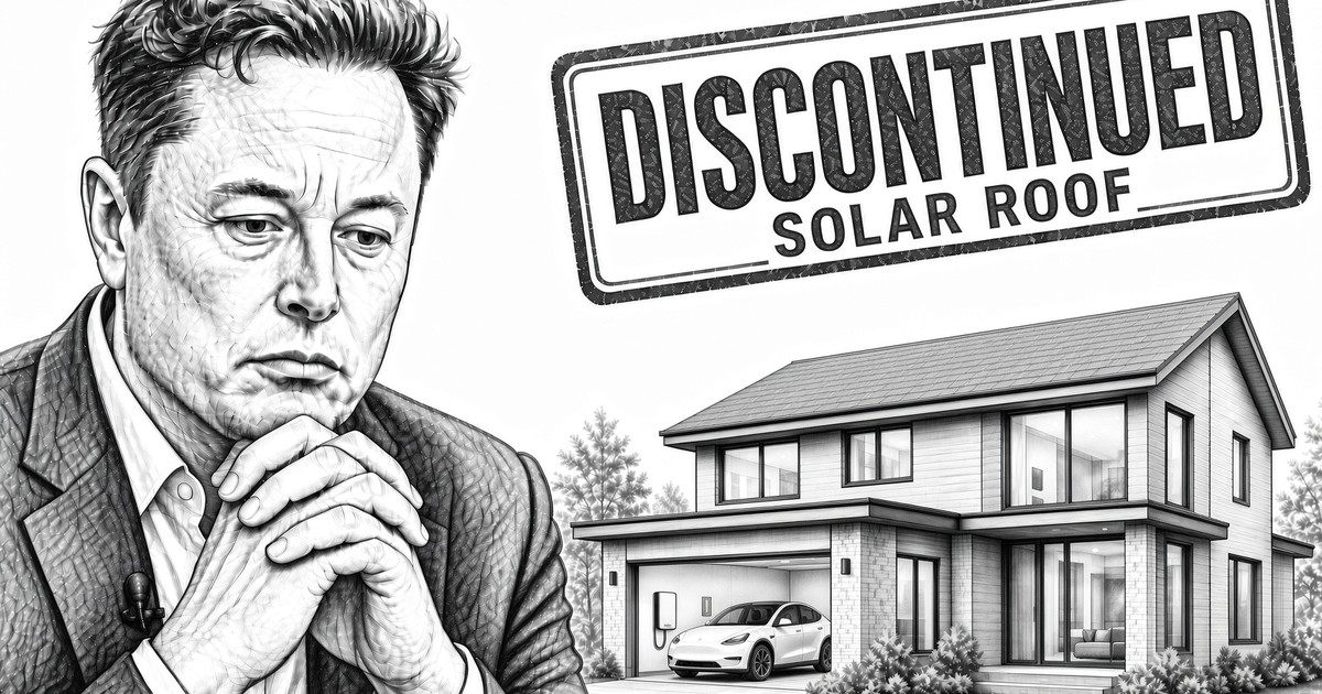 Pencil illustration: Elon Musk at left, chin resting on clasped hands; at right a heavy rubber stamp reading “DISCONTINUED — SOLAR ROOF”, and beneath it a suburban house under a plain shingle roof with a Tesla parked in the open garage.