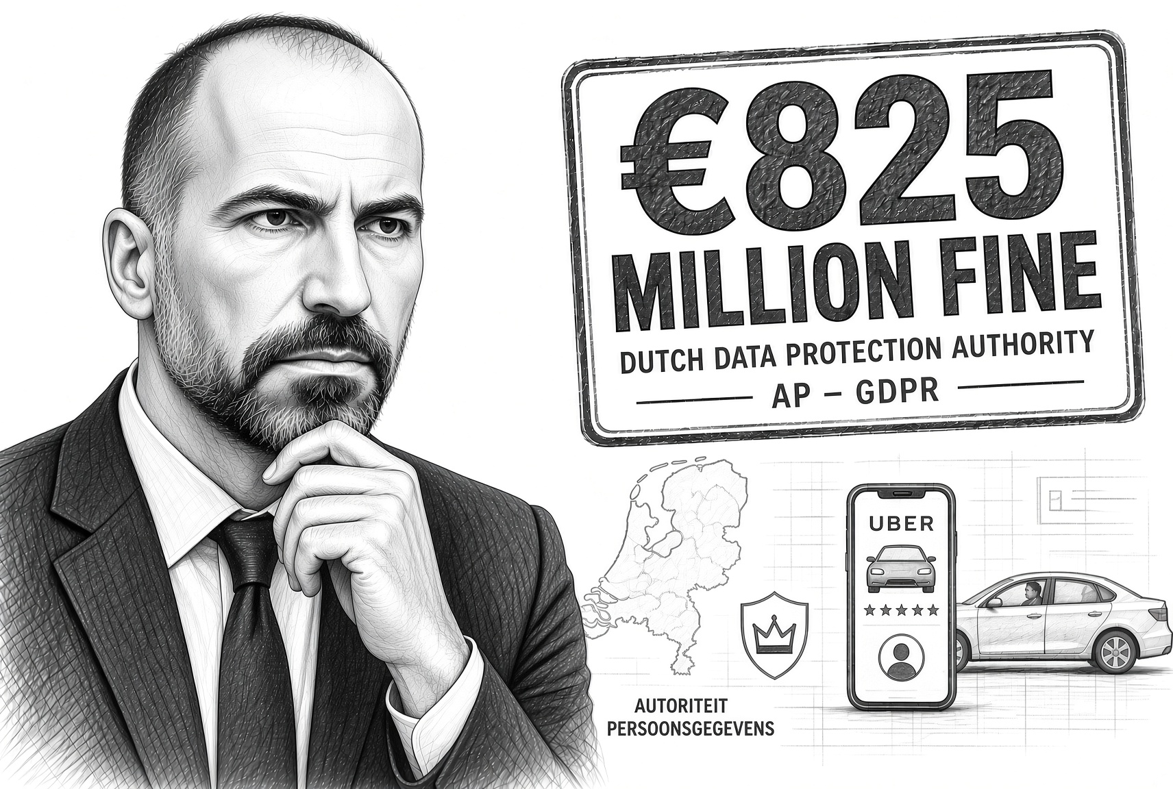 Pencil illustration: Uber CEO Dara Khosrowshahi at left, chin resting on clasped hands; at right a large rubber stamp reading “€825 MILLION FINE — DUTCH DATA PROTECTION AUTHORITY — AP · GDPR”, and beneath it an outline of the Netherlands, the Autoriteit Persoonsgegevens crest, an Uber driver app screen showing a five-star rating and an account avatar, and a sedan with a driver at the wheel.
