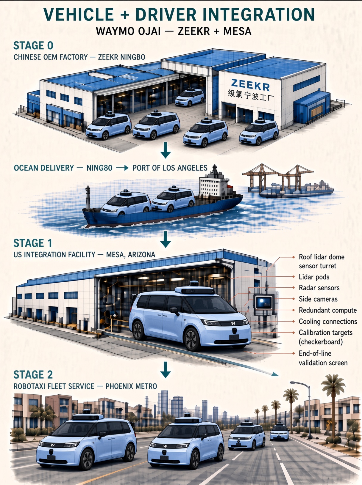 Illustrated Waymo Ojai production flow: Zeekr builds the base vehicle in Ningbo, China; the vehicle crosses the Pacific; Waymo installs, calibrates and validates its Driver in Mesa, Arizona before fleet service.